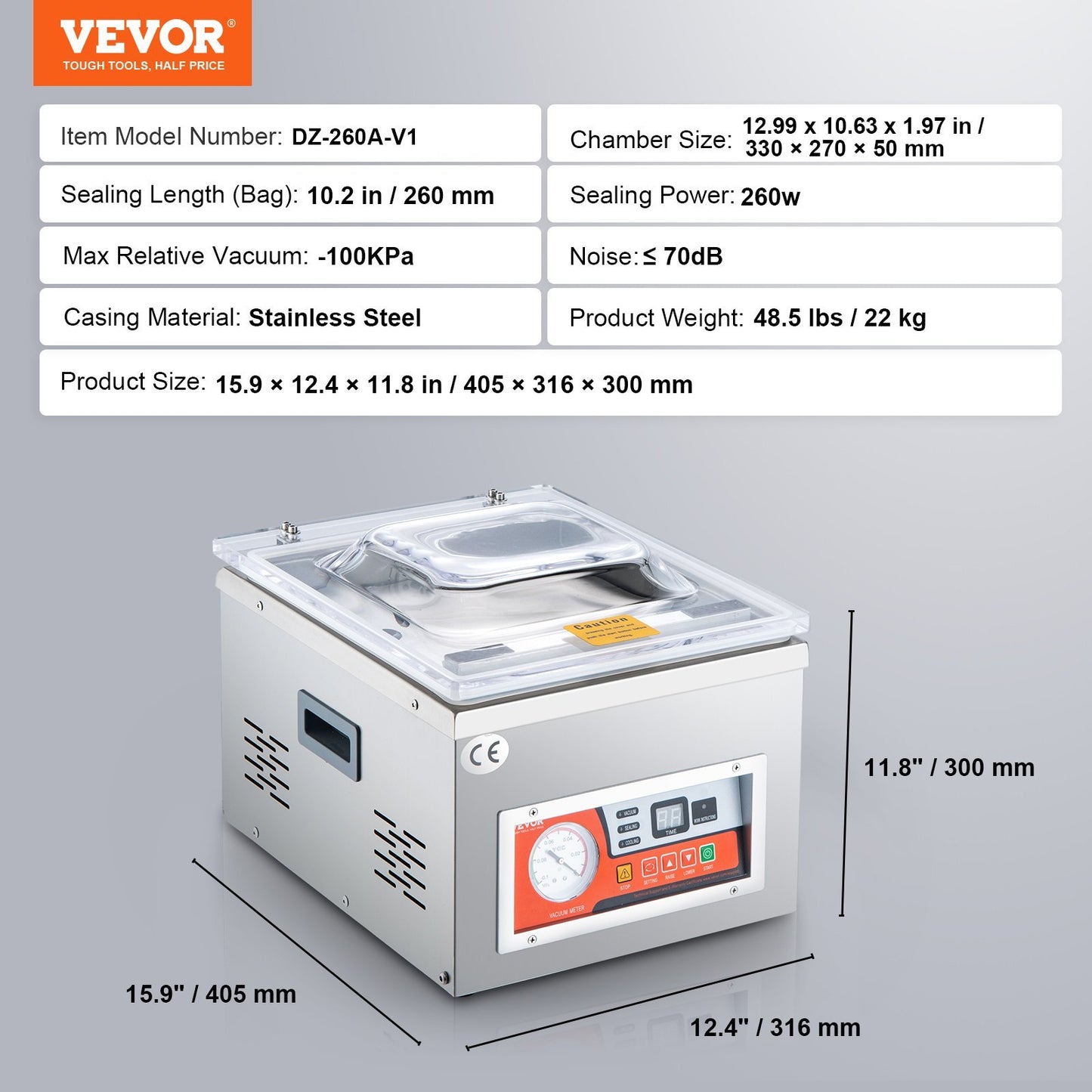 VEVOR Chamber Vacuum Sealer, DZ-260A  Excellent Sealing Effect With Automatic Control, 110V Kitchen Packaging Machine For Meats, Fruit Saver, Home, Commercial Using